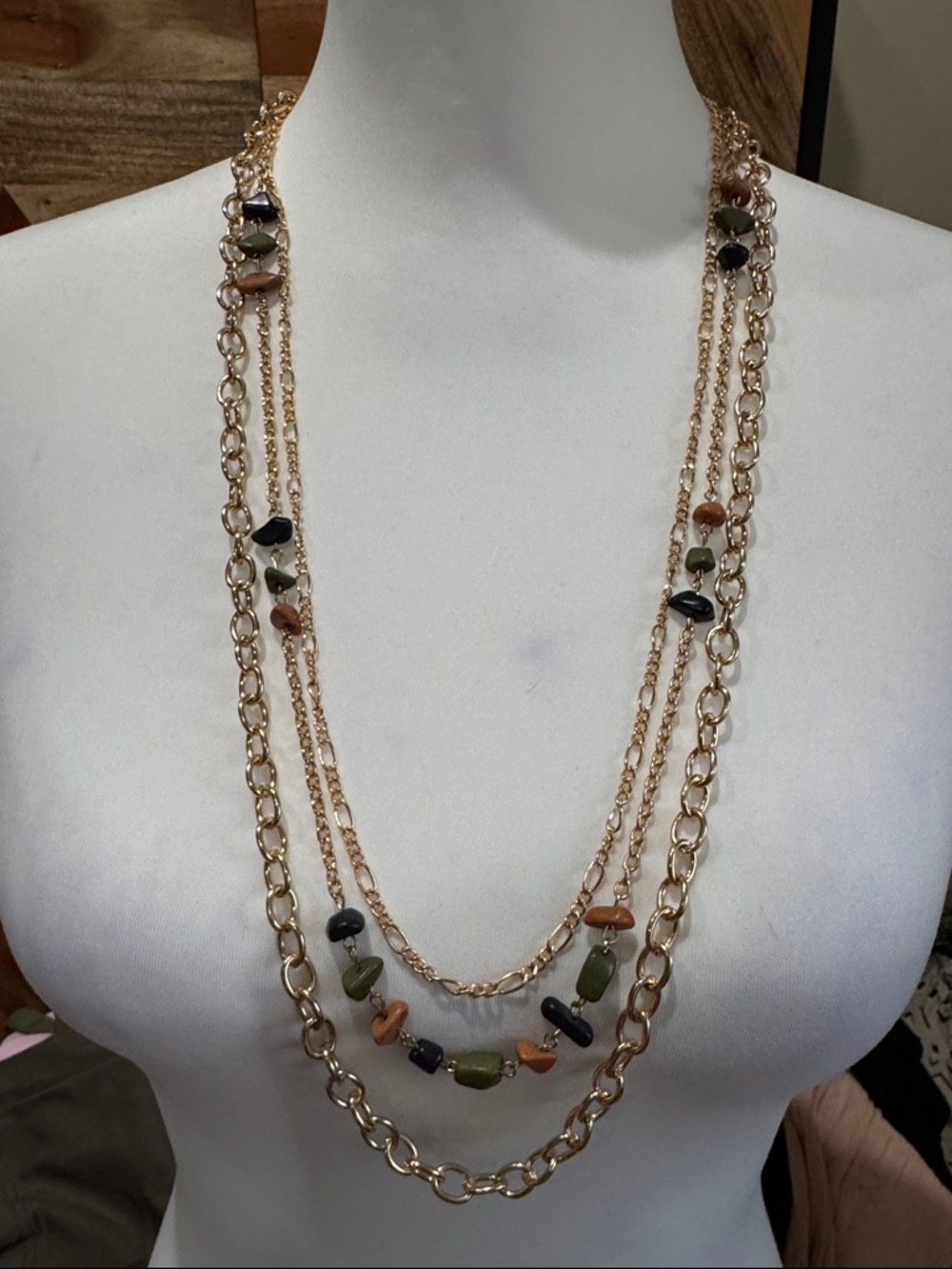 Gold-Tone Multi-Strand Beaded Necklace in Olive, Black & Brown